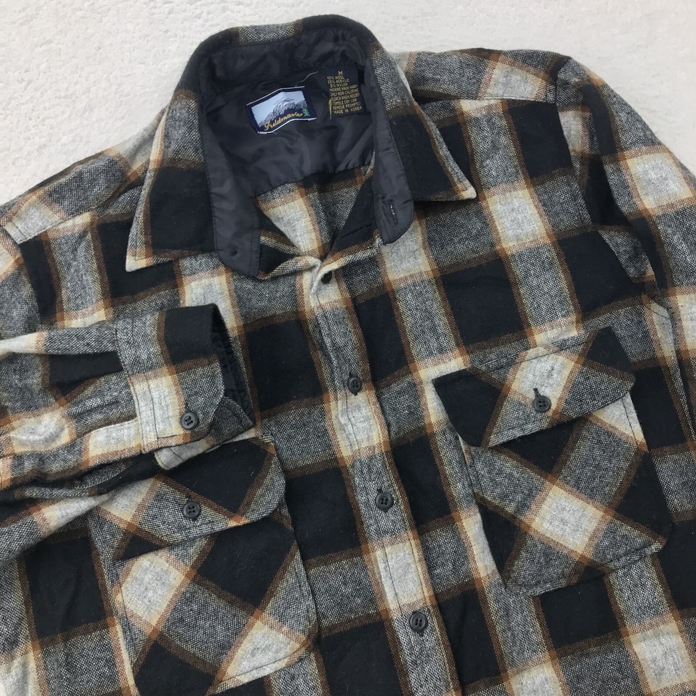 Vintage Fieldmaster Mens Medium Black Tan Plaid Wool Blend Flannel Button Up